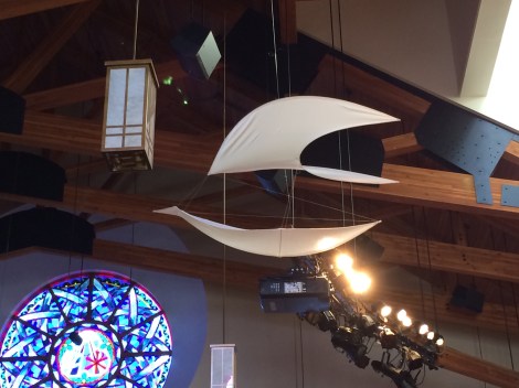Beth Mueller, Shepherd of the Hills Presbyterian Church in Austin, TX, created this dove using fiberglass rods and white jersey.